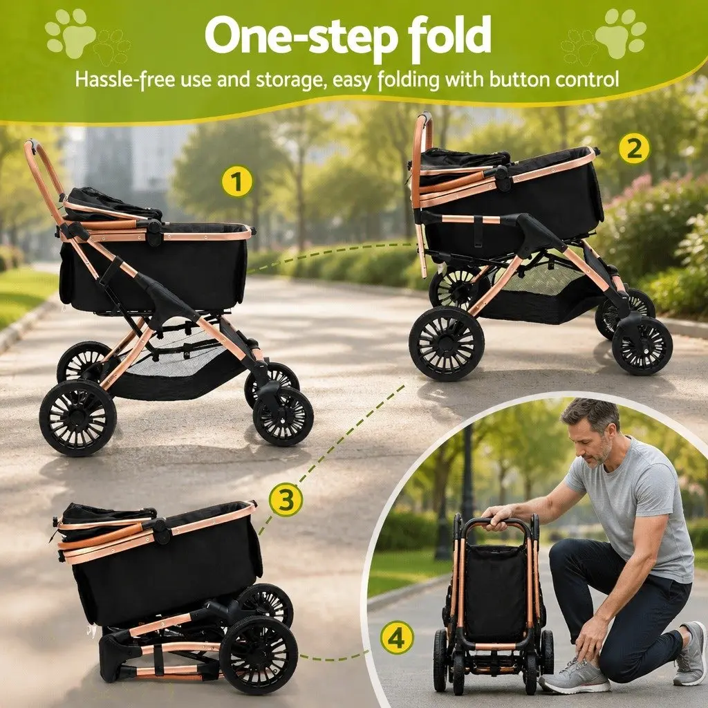 Pet Dog Stroller Pram Foldable Pushchair Large Cat Carrier Travel 4 Wheels Black