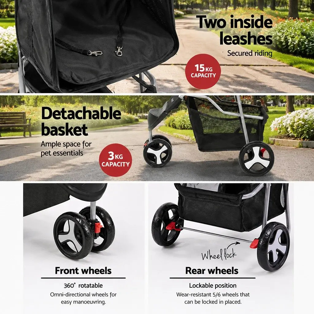 Pet Stroller Foldable 3 Wheel Large Travel Pushchair Black