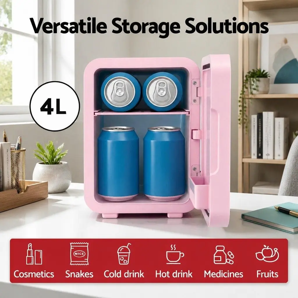 Mini Fridge Skincare Cooler Warmer 4L Portable Pink with LED Mirror