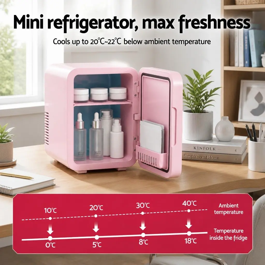 Mini Fridge Skincare Cooler Warmer 4L Portable Pink with LED Mirror