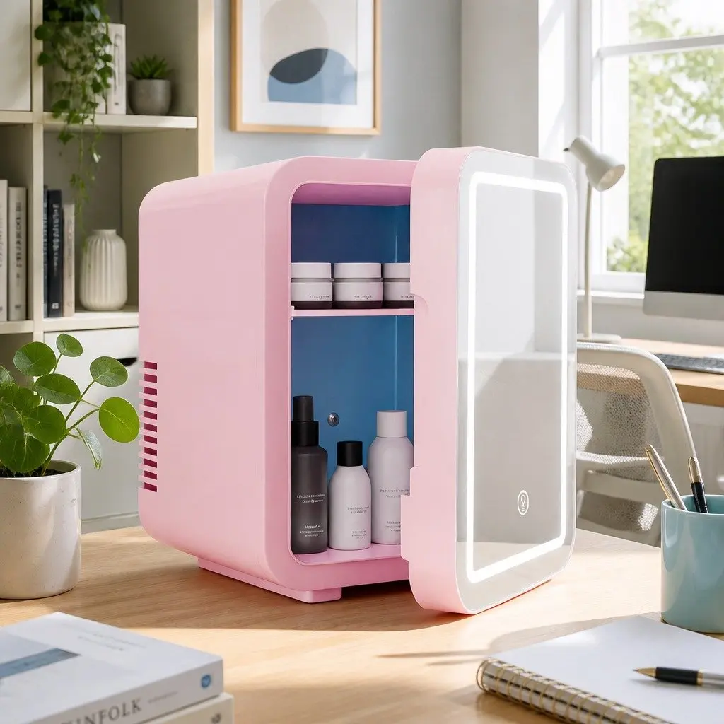 Mini Fridge Skincare Cooler Warmer 4L Portable Pink with LED Mirror