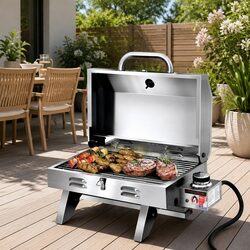 Portable Gas BBQ Grill Silver Stainless Steel Folding Camping Barbecue Outdoor