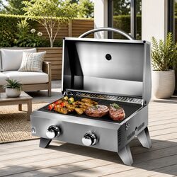 Portable Gas BBQ Grill 2 Burners Stainless Steel Folding Camping Cooking