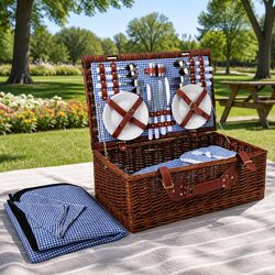 4 Person Picnic Basket Set Insulated Cooler Blanket Stainless Steel Cutlery