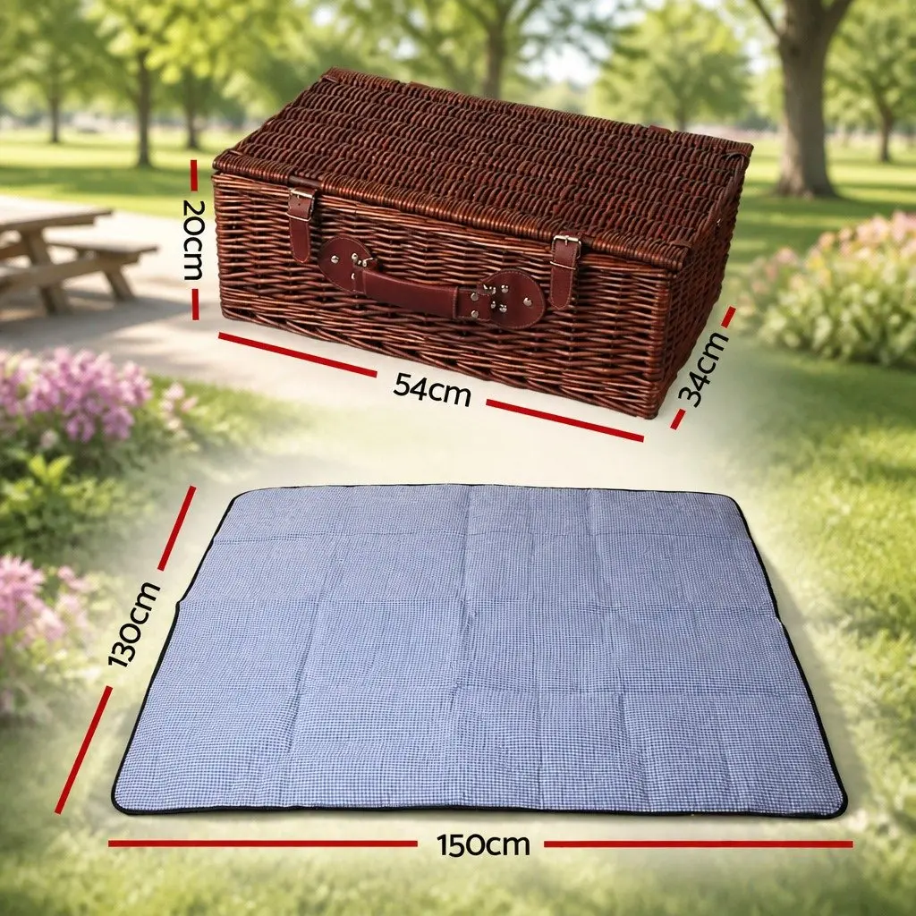 4 Person Picnic Basket Set Insulated Cooler Blanket Stainless Steel Cutlery