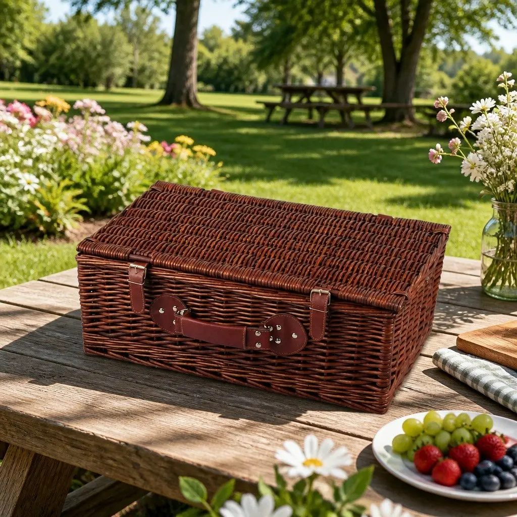 4 Person Picnic Basket Set Insulated Cooler Blanket Stainless Steel Cutlery