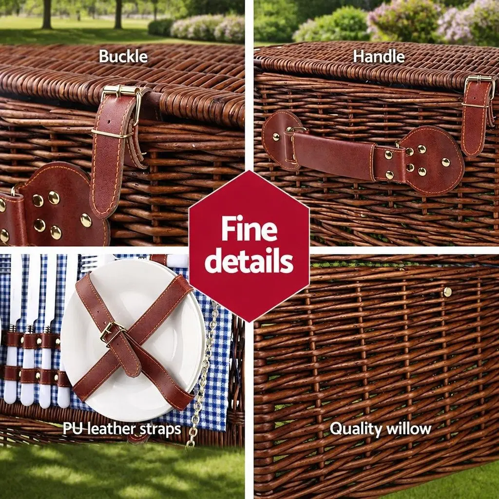 4 Person Picnic Basket Set Insulated Cooler Blanket Stainless Steel Cutlery