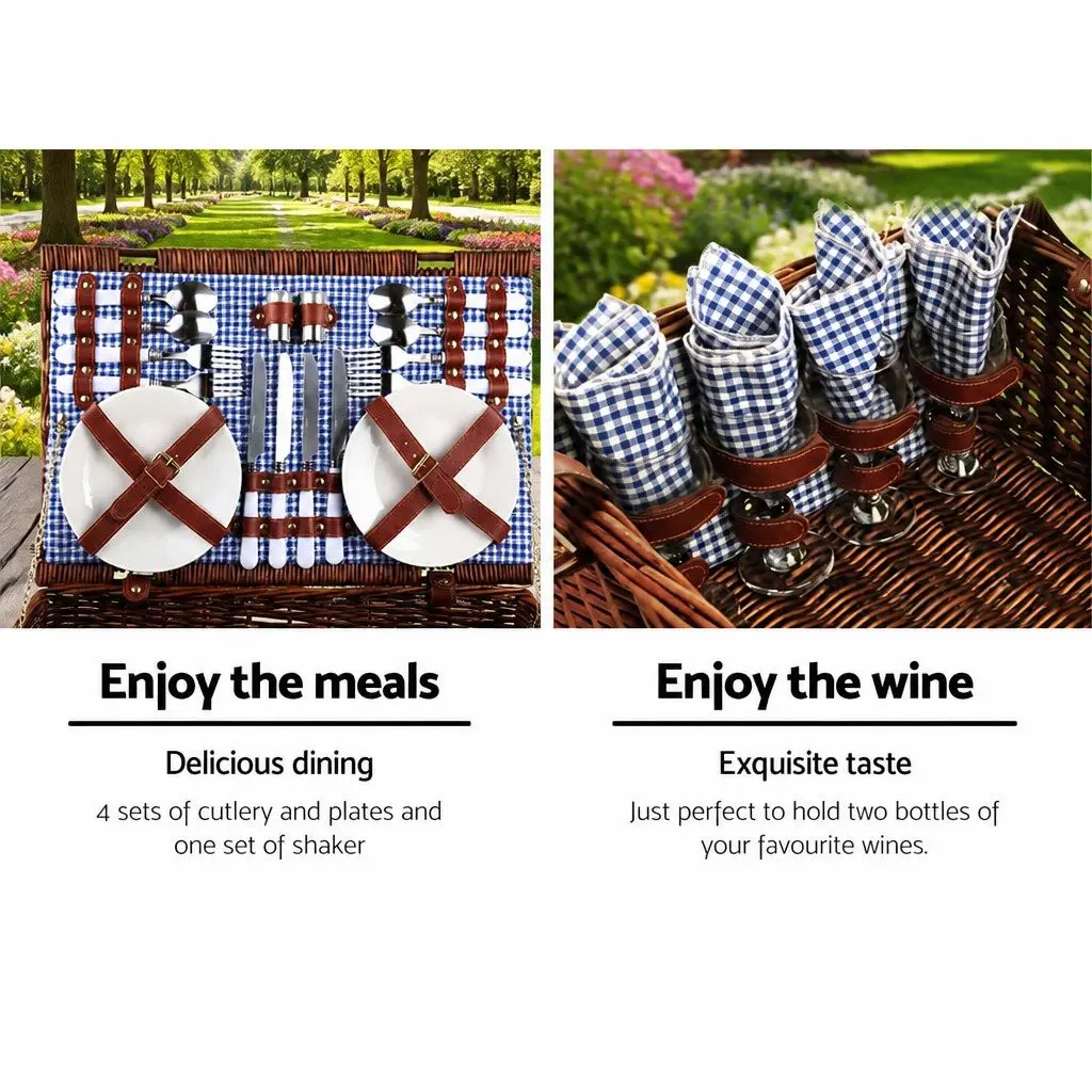 4 Person Picnic Basket Set Insulated Cooler Blanket Stainless Steel Cutlery