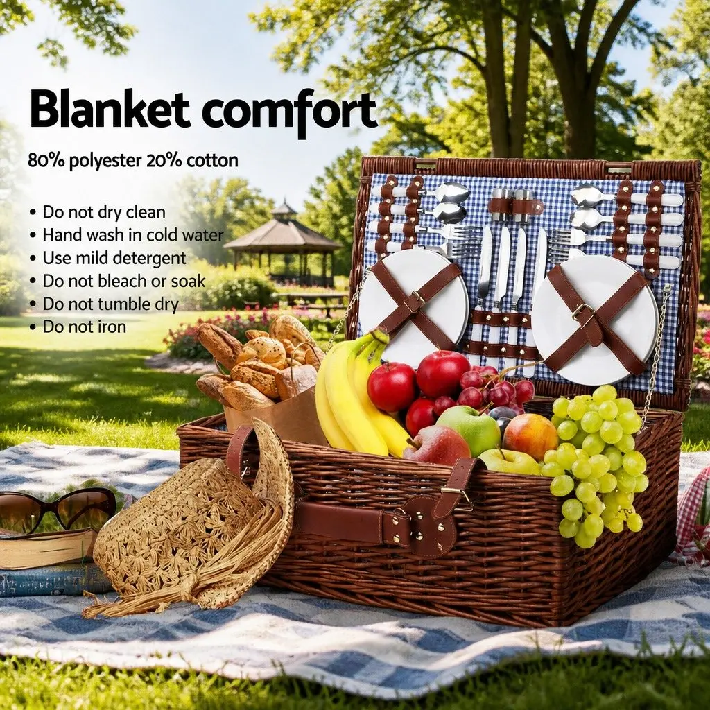4 Person Picnic Basket Set Insulated Cooler Blanket Stainless Steel Cutlery