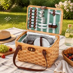 2 Person Picnic Basket Willow Outdoor Set Cooler Bag Plates Cutlery Accessories