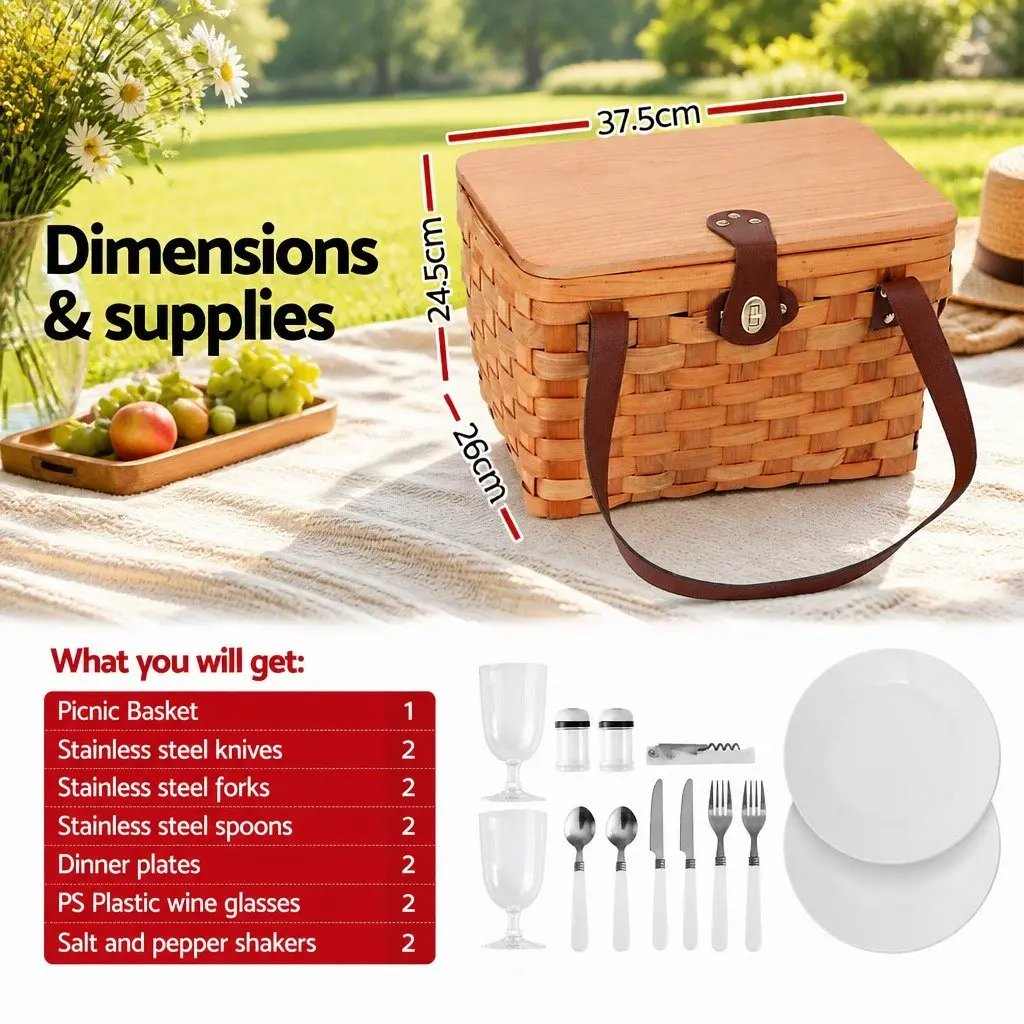 2 Person Picnic Basket Willow Outdoor Set Cooler Bag Plates Cutlery Accessories