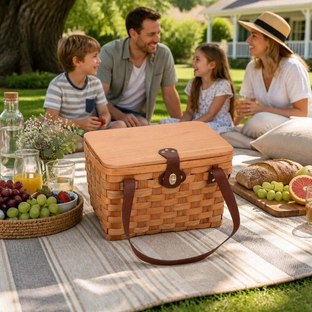 2 Person Picnic Basket Willow Outdoor Set Cooler Bag Plates Cutlery Accessories