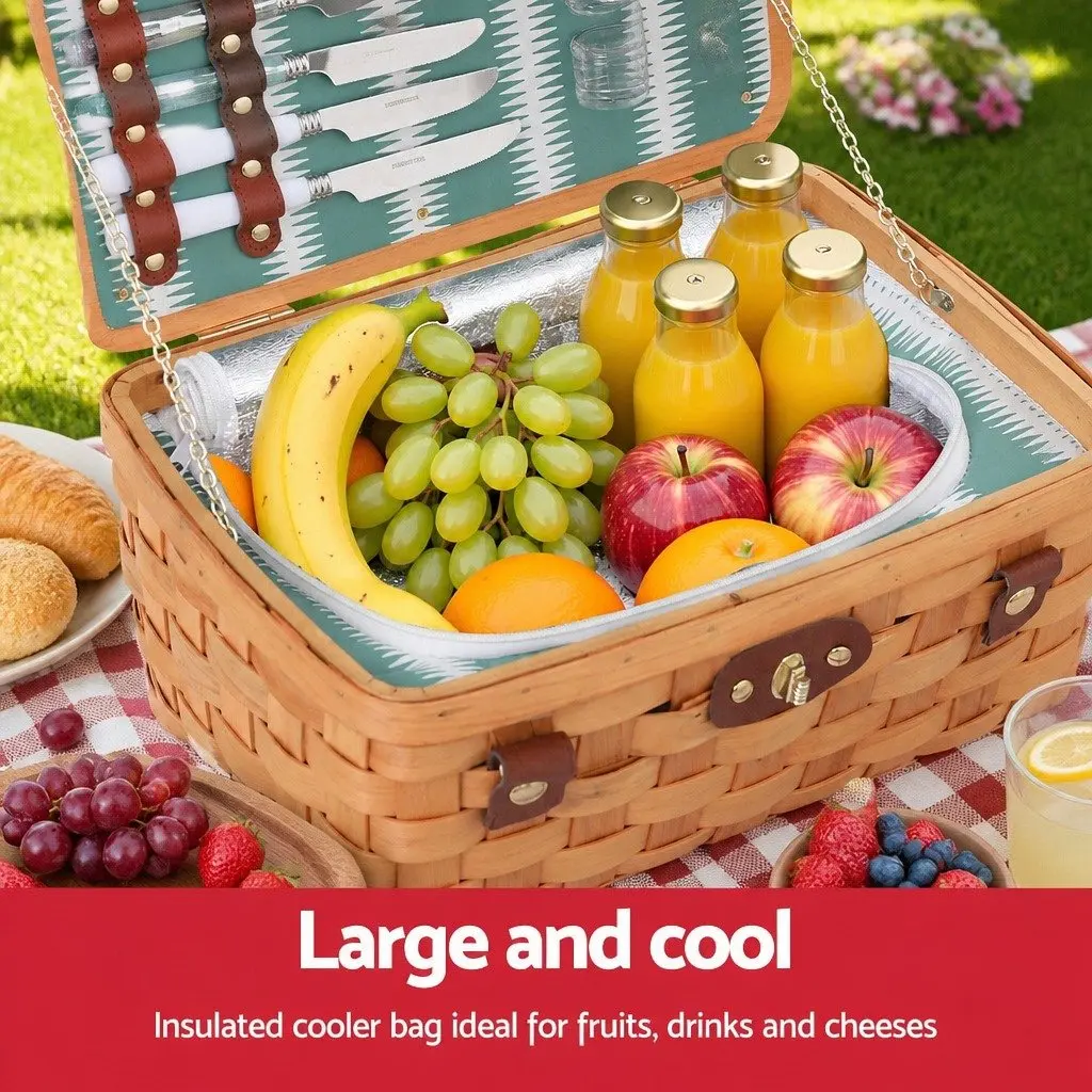 2 Person Picnic Basket Willow Outdoor Set Cooler Bag Plates Cutlery Accessories