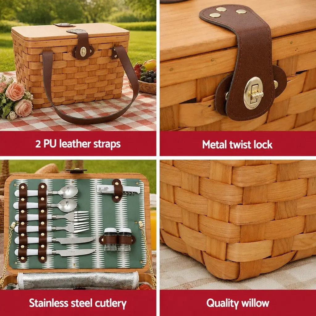 2 Person Picnic Basket Willow Outdoor Set Cooler Bag Plates Cutlery Accessories