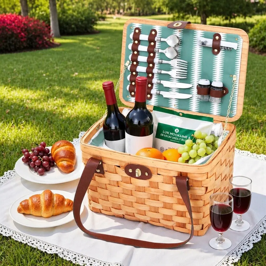 2 Person Picnic Basket Willow Outdoor Set Cooler Bag Plates Cutlery Accessories