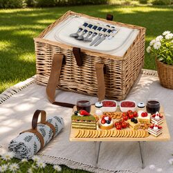 Picnic Basket Set for 2 Person Willow Woven with Wood Table Blanket Cooler