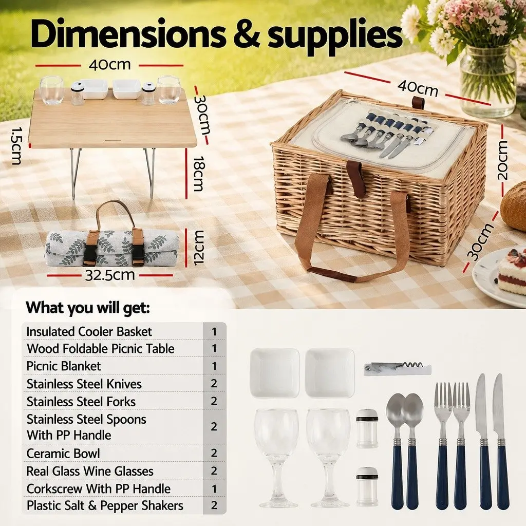 Picnic Basket Set for 2 Person Willow Woven with Wood Table Blanket Cooler