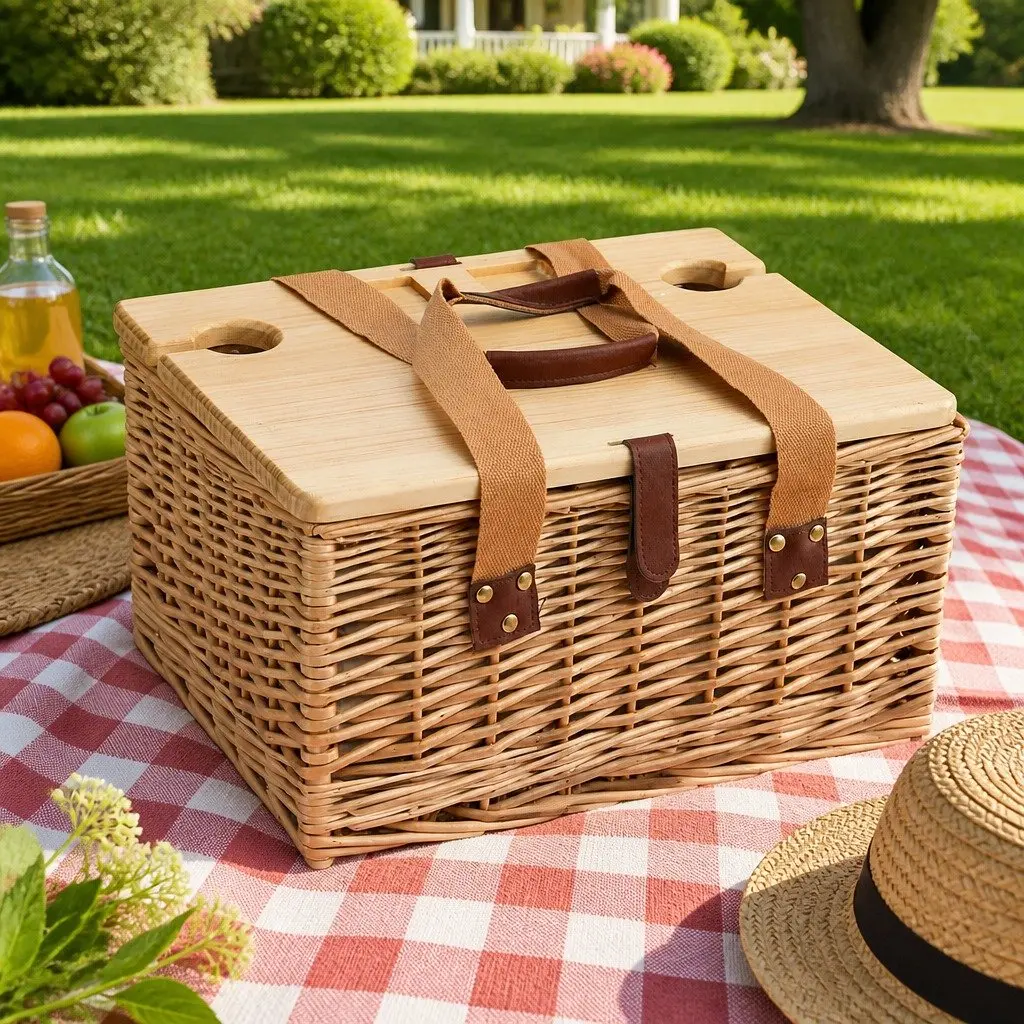 Picnic Basket Set for 2 Person Willow Woven with Wood Table Blanket Cooler