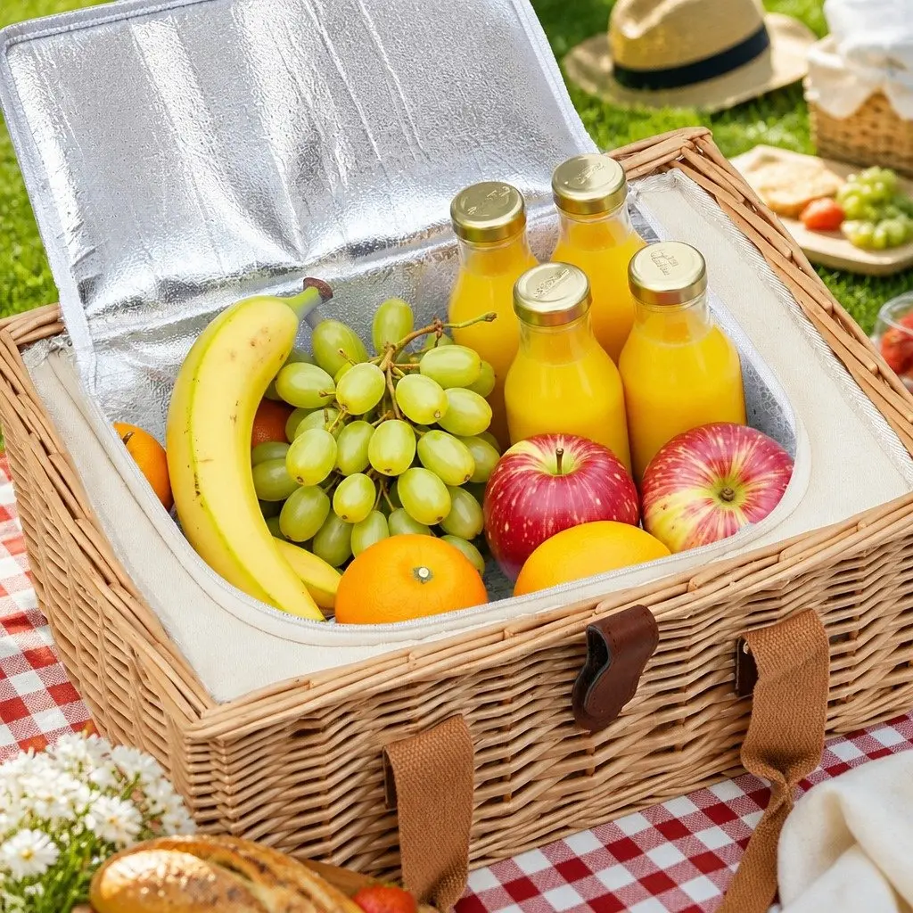 Picnic Basket Set for 2 Person Willow Woven with Wood Table Blanket Cooler