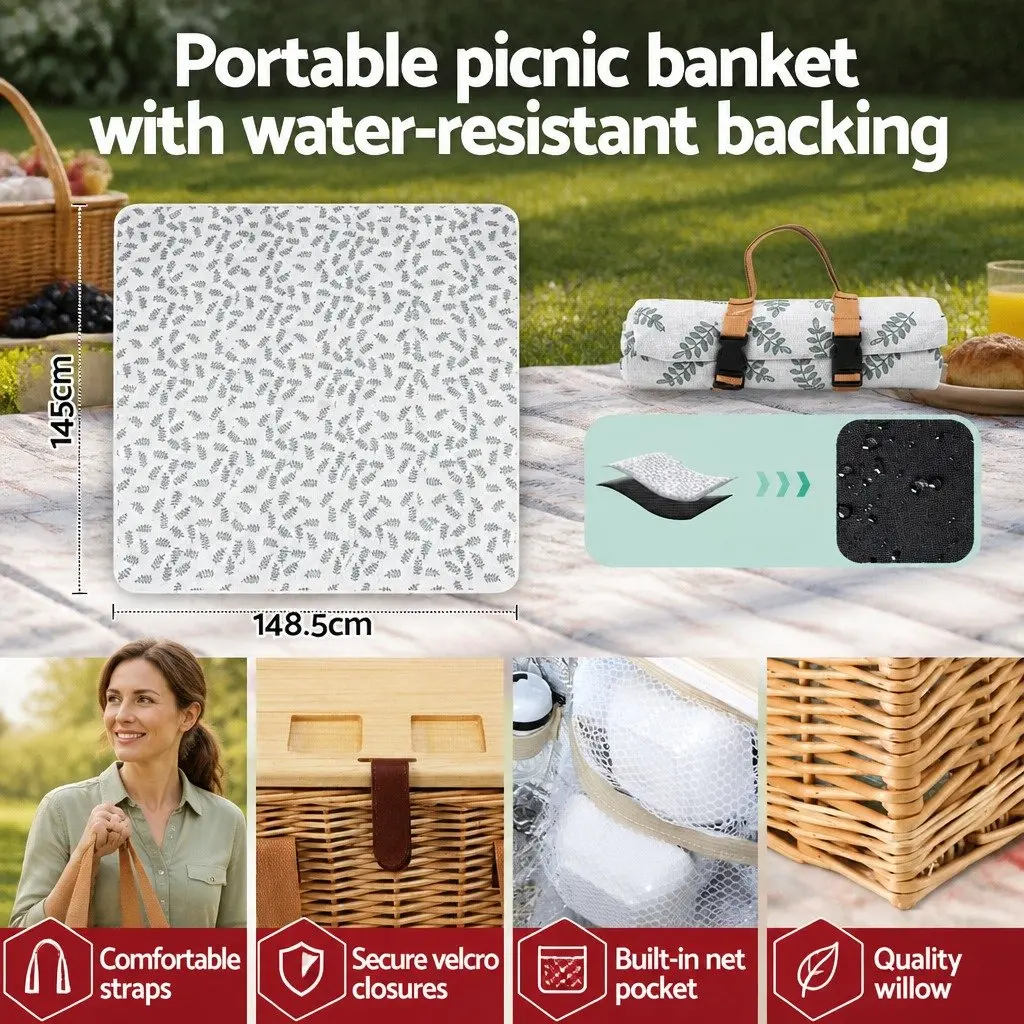 Picnic Basket Set for 2 Person Willow Woven with Wood Table Blanket Cooler