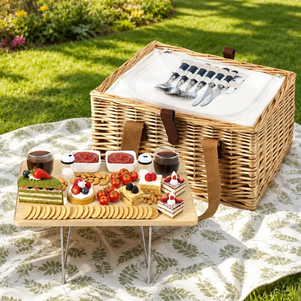 Picnic Basket Set for 2 Person Willow Woven with Wood Table Blanket Cooler
