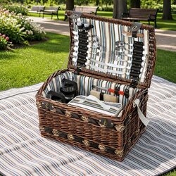 4 Person Picnic Basket Set Willow Wooden Outdoor Camping Travel Insulated Cooler