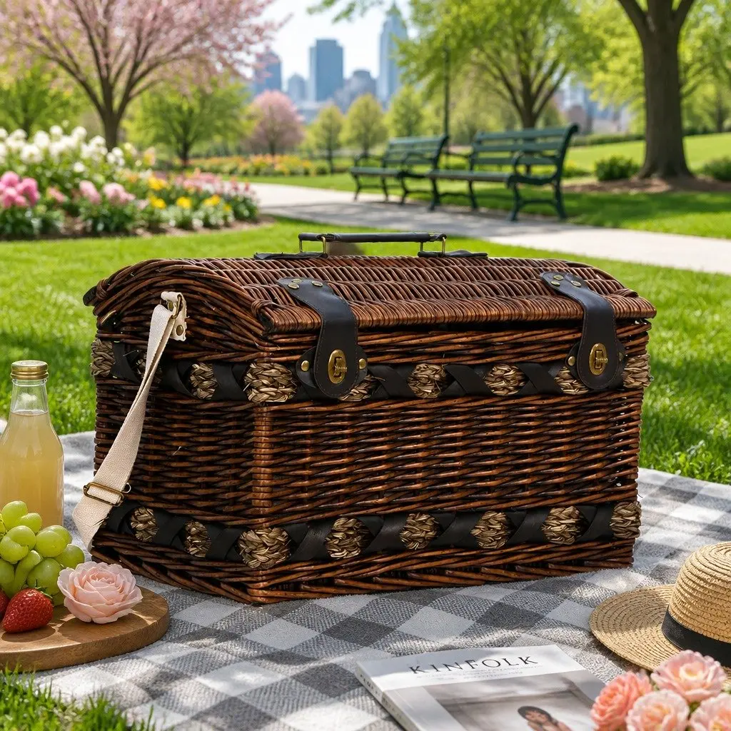 4 Person Picnic Basket Set Willow Wooden Outdoor Camping Travel Insulated Cooler