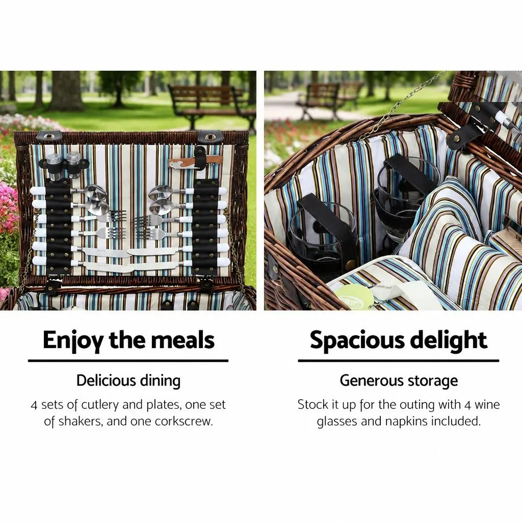 4 Person Picnic Basket Set Willow Wooden Outdoor Camping Travel Insulated Cooler