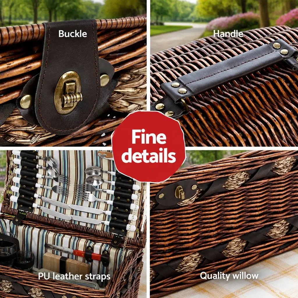 4 Person Picnic Basket Set Willow Wooden Outdoor Camping Travel Insulated Cooler
