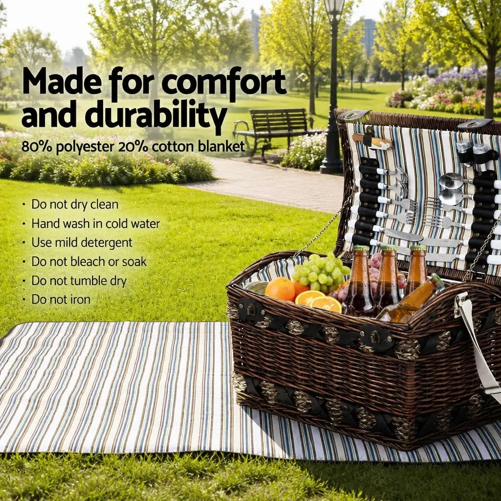 4 Person Picnic Basket Set Willow Wooden Outdoor Camping Travel Insulated Cooler