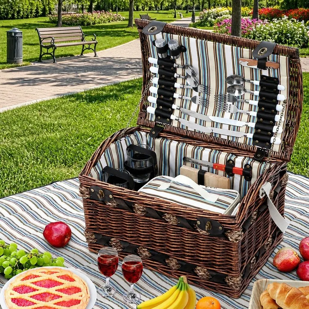 4 Person Picnic Basket Set Willow Wooden Outdoor Camping Travel Insulated Cooler