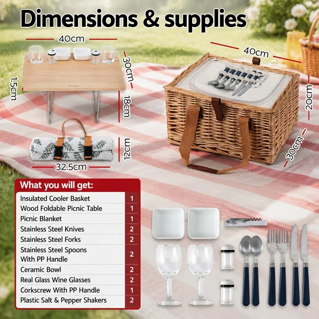 4 Person Picnic Basket Set Willow Cooler Blanket Wine Table Cutlery Outdoor