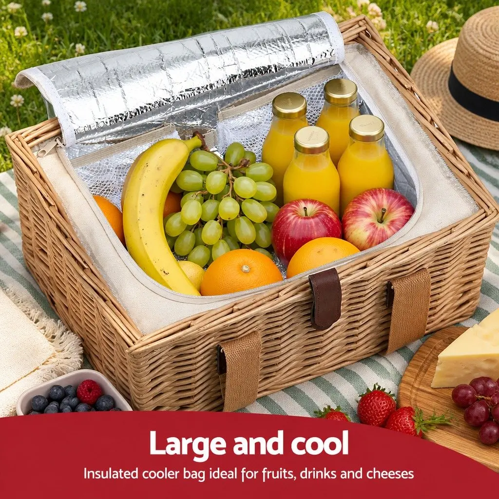 4 Person Picnic Basket Set Willow Cooler Blanket Wine Table Cutlery Outdoor