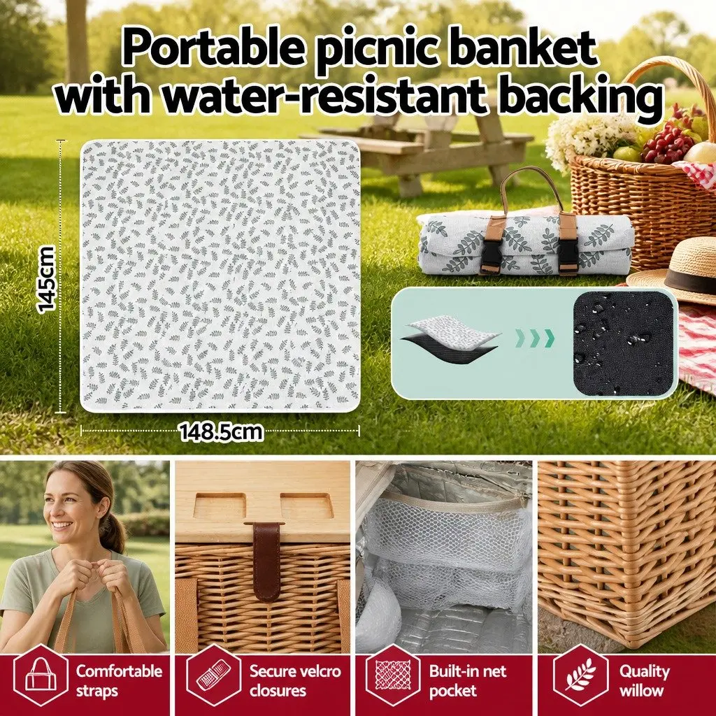 4 Person Picnic Basket Set Willow Cooler Blanket Wine Table Cutlery Outdoor