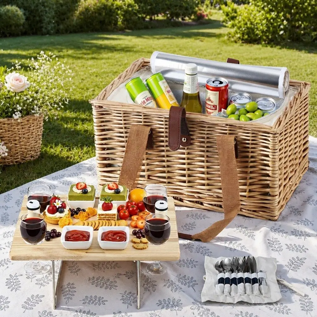 4 Person Picnic Basket Set Willow Cooler Blanket Wine Table Cutlery Outdoor
