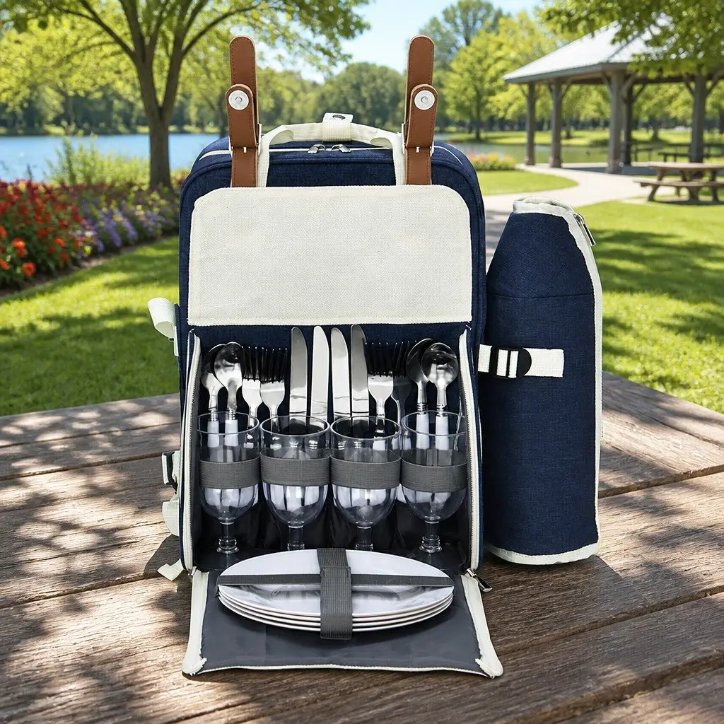 4 Person Picnic Backpack Set Insulated Cooler Bag Outdoor Family Gatherings