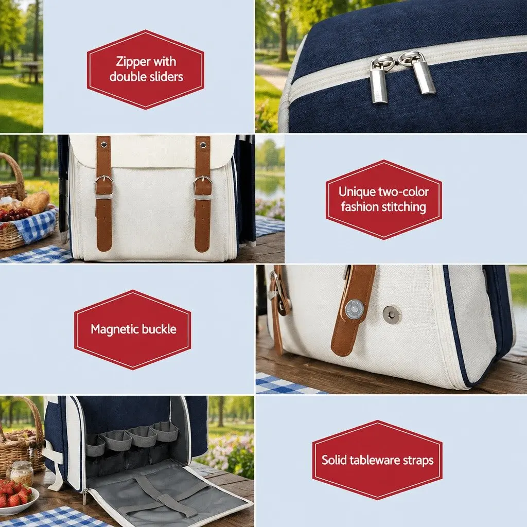 4 Person Picnic Backpack Set Insulated Cooler Bag Outdoor Family Gatherings