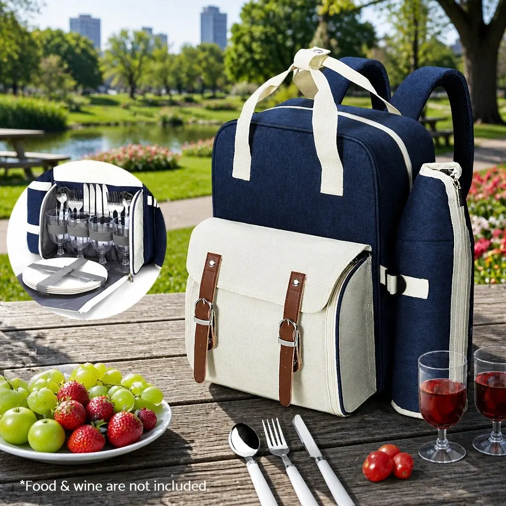 4 Person Picnic Backpack Set Insulated Cooler Bag Outdoor Family Gatherings
