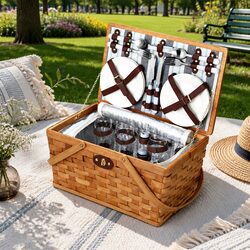 4 Person Picnic Basket Set Wooden Cooler Bag Blanket Outdoor Family Gatherings
