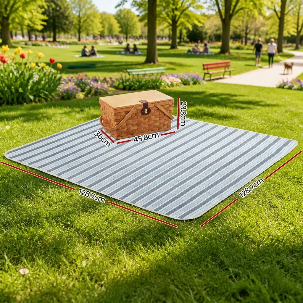 4 Person Picnic Basket Set Wooden Cooler Bag Blanket Outdoor Family Gatherings