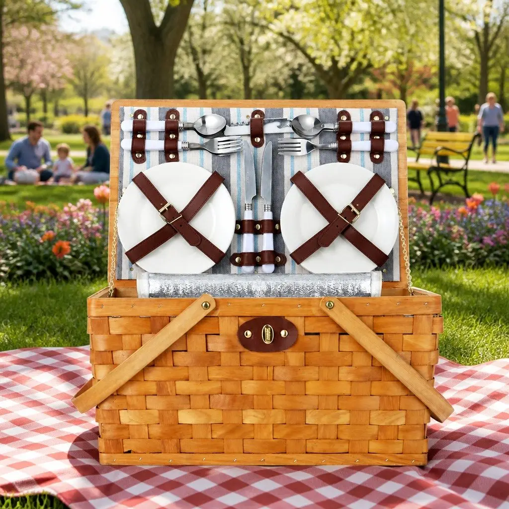 4 Person Picnic Basket Set Wooden Cooler Bag Blanket Outdoor Family Gatherings