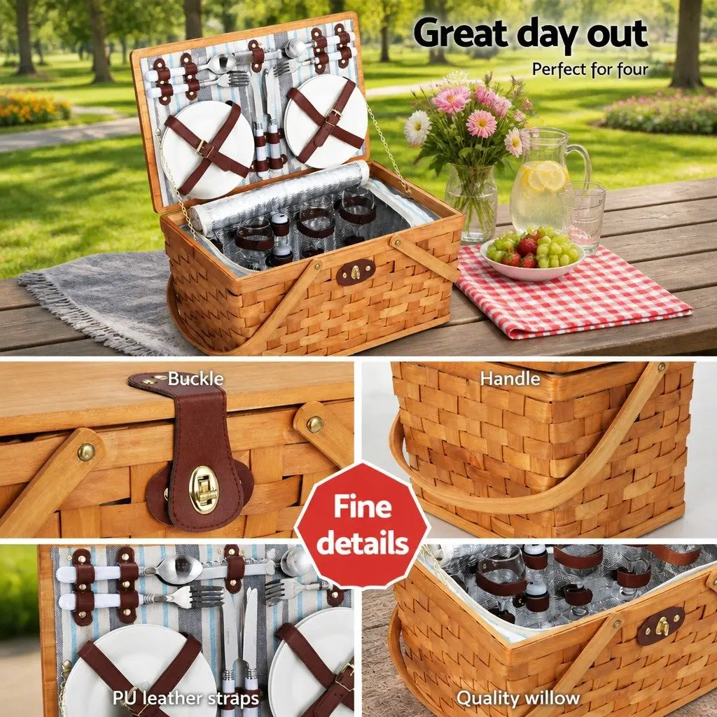 4 Person Picnic Basket Set Wooden Cooler Bag Blanket Outdoor Family Gatherings