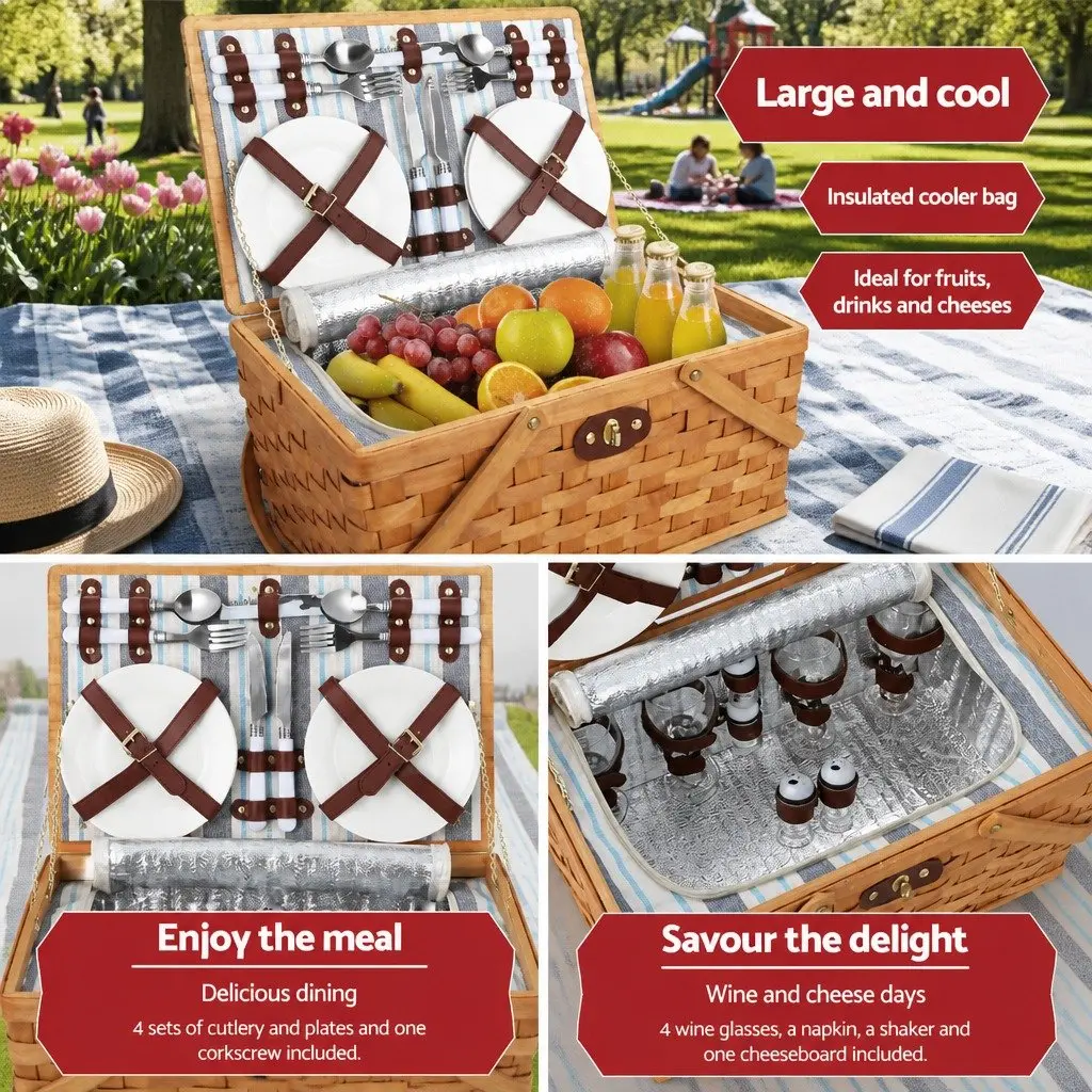 4 Person Picnic Basket Set Wooden Cooler Bag Blanket Outdoor Family Gatherings