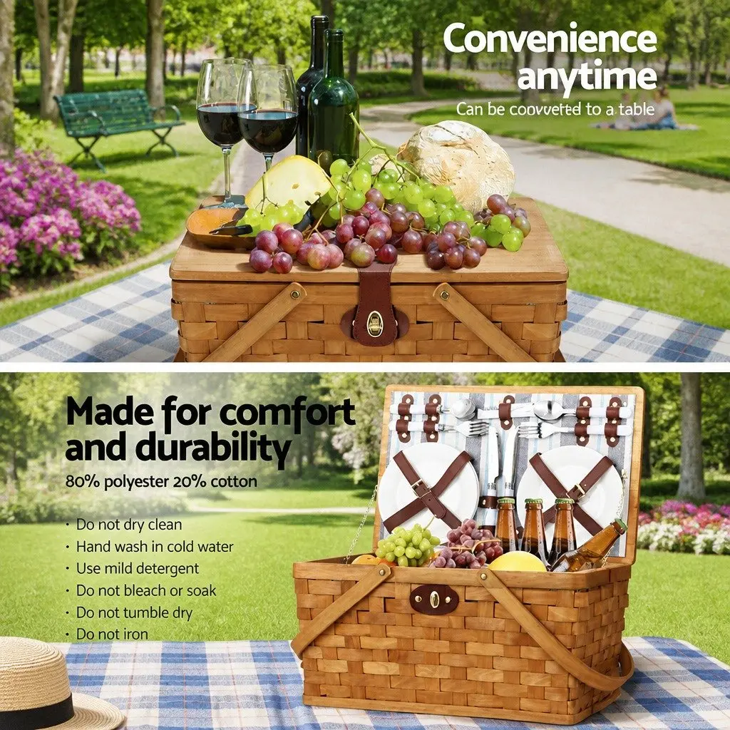 4 Person Picnic Basket Set Wooden Cooler Bag Blanket Outdoor Family Gatherings
