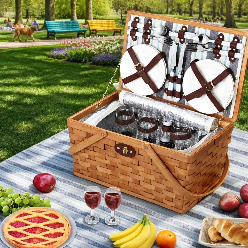 4 Person Picnic Basket Set Wooden Cooler Bag Blanket Outdoor Family Gatherings