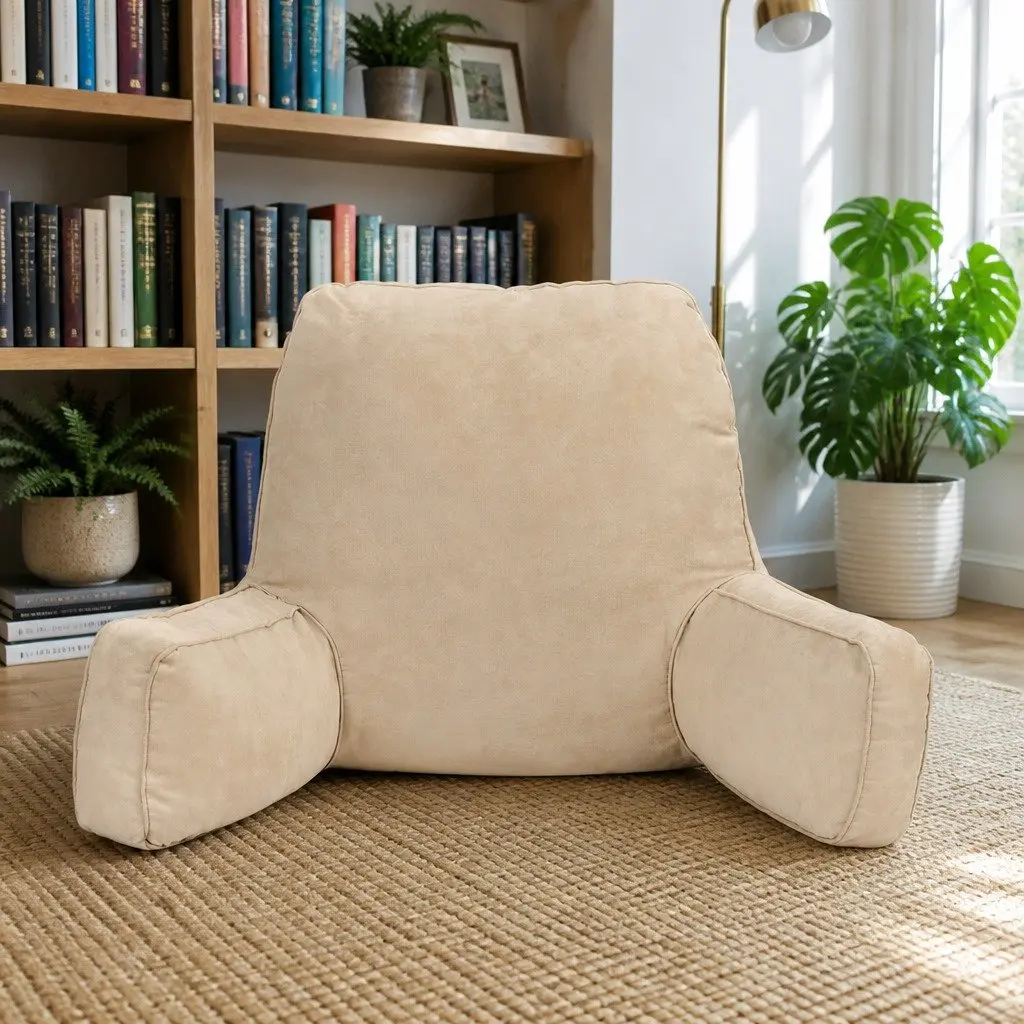 Reading Pillow Back Rest Lumbar Support Cushion Oatmeal Faux Suede Ergonomic Armrests 49 x 49 x 15 cm