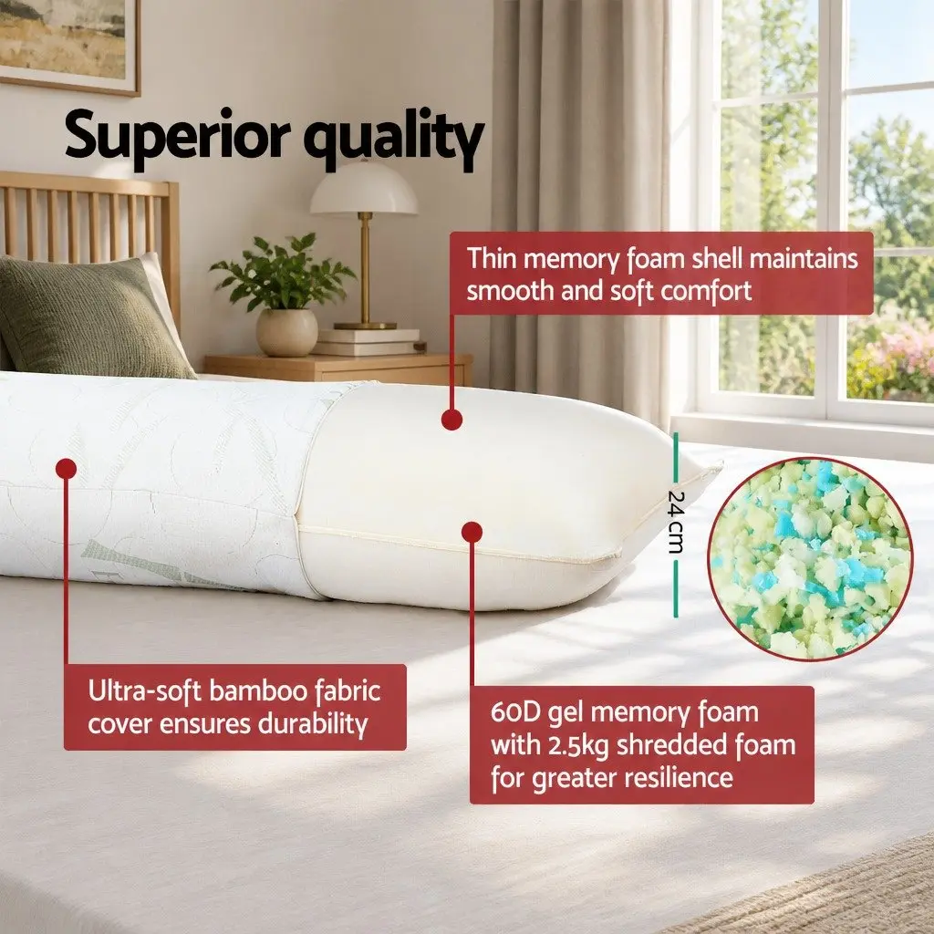 Body Pillow Full Length Memory Foam White Bamboo Cover Machine Washable