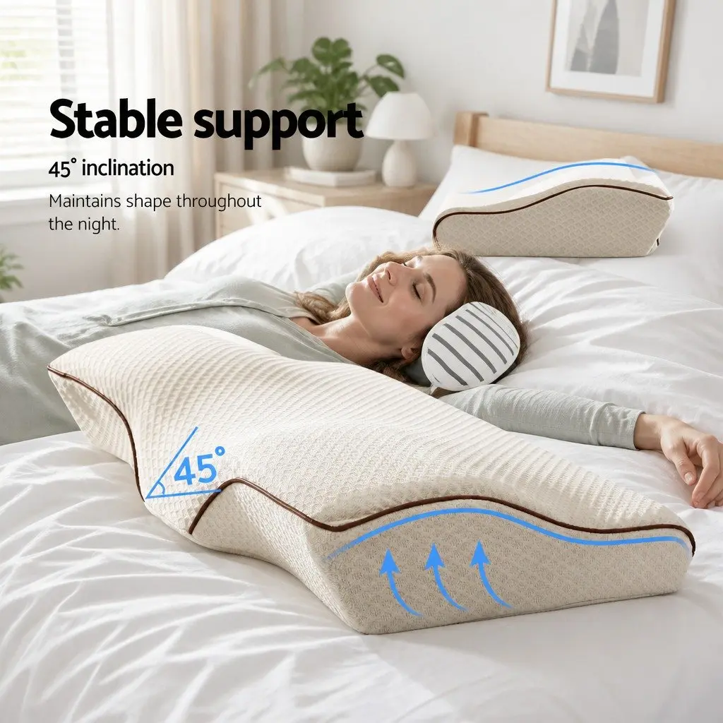 Memory Foam Pillow Ergonomic Butterfly Neck Cervical Support Dual Height Beige