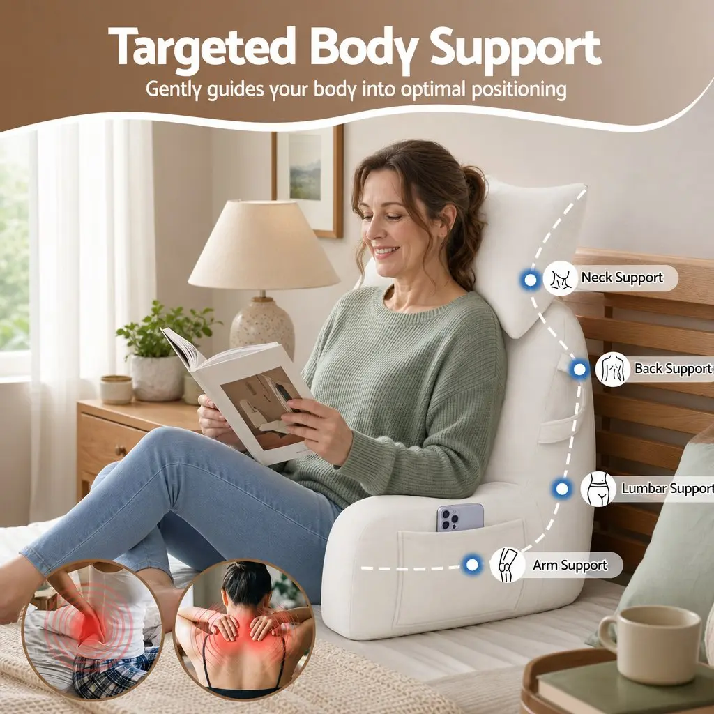 Reading Pillow with Detachable Neck Roll and Armrests Backrest Support Beige