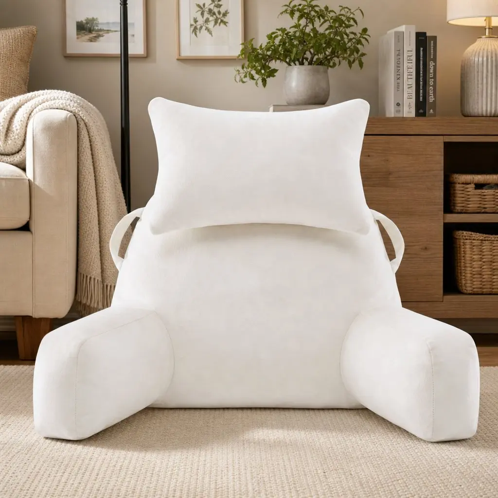 Reading Pillow with Detachable Neck Roll and Armrests Backrest Support Beige